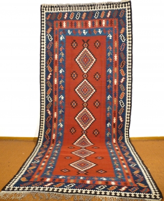 # 799 Classical Shahsavan kilim with the traditional long format, 145/402 cm, Northwest Persia, early 20th century, very good condition and natural colors, wonderful madder red in the field, calm and ruminant  ...