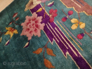 Antique Chinese rug predominantly green in color with a beautiful floral design.
3.5 x 4.9 in size 
                