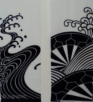 Two cotton indigo panels with ‘waves’ and ‘wheel of the Law’ patterns, Japan, Showa (circa 1950’s), cm 150x35 each. An interesting find. These bold panels come from an old, recently sourced, job  ...