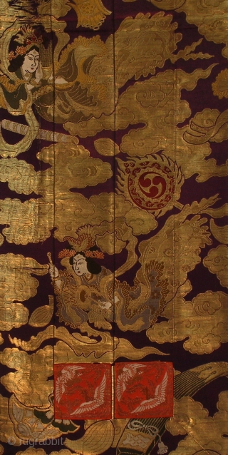 Silk temple cloth, Japan, Meiji (circa 1900), cm 168x30. This is a vintage ‘ouhi’, part of a ‘kesa’, a robe used by Buddhist monks, draped under one arm and fastened at the  ...