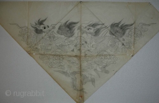 ‘Chasing dragons’ uchishiki drawing, Japan, Meiji (circa 1880), 82x47cm.
An ‘uchishiki’ was a triangular cloth used to cover the front and sides of altars in Buddhist temples. Such cloths were presented to the  ...