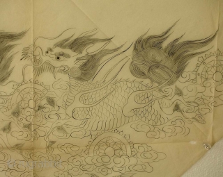 ‘Chasing dragons’ uchishiki drawing, Japan, Meiji (circa 1880), 82x47cm.
An ‘uchishiki’ was a triangular cloth used to cover the front and sides of altars in Buddhist temples. Such cloths were presented to the  ...