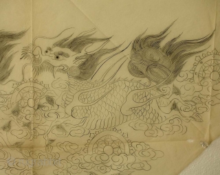 ‘Chasing dragons’ uchishiki drawing, Japan, Meiji (circa 1880), 82x47cm.
An ‘uchishiki’ was a triangular cloth used to cover the front and sides of altars in Buddhist temples. Such cloths were presented to the  ...