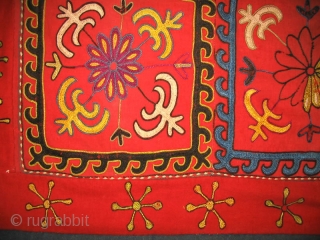 Antique Kirghiz nomads tent decoration, Central Asia, silk embroidered on red cotton foundation, circa 1900, dyes is natural. Size is 32x31 inches.           