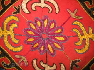 Antique Kirghiz nomads tent decoration, Central Asia, silk embroidered on red cotton foundation, circa 1900, dyes is natural. Size is 32x31 inches.           