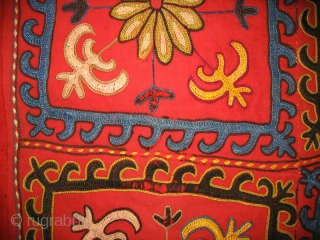 Antique Kirghiz nomads tent decoration, Central Asia, silk embroidered on red cotton foundation, circa 1900, dyes is natural. Size is 32x31 inches.           