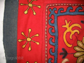 Antique Kirghiz nomads tent decoration, Central Asia, silk embroidered on red cotton foundation, circa 1900, dyes is natural. Size is 32x31 inches.           