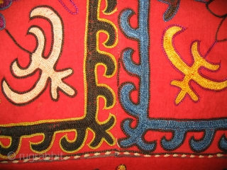 Antique Kirghiz nomads tent decoration, Central Asia, silk embroidered on red cotton foundation, circa 1900, dyes is natural. Size is 32x31 inches.           