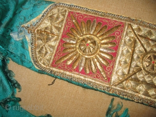 Antique Rare Uzbek Bukhara Wedding Headband, gold embroidery on green silk velvet and red cotton foundation, early 20th, in excellent condition, size is 22x5 inches.        