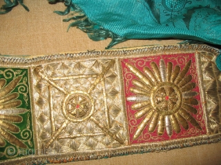 Antique Rare Uzbek Bukhara Wedding Headband, gold embroidery on green silk velvet and red cotton foundation, early 20th, in excellent condition, size is 22x5 inches.        