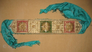 Antique Rare Uzbek Bukhara Wedding Headband, gold embroidery on green silk velvet and red cotton foundation, early 20th, in excellent condition, size is 22x5 inches.        
