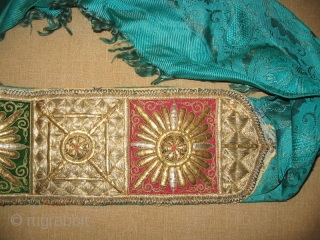 Antique Rare Uzbek Bukhara Wedding Headband, gold embroidery on green silk velvet and red cotton foundation, early 20th, in excellent condition, size is 22x5 inches.        