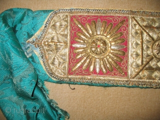 Antique Rare Uzbek Bukhara Wedding Headband, gold embroidery on green silk velvet and red cotton foundation, early 20th, in excellent condition, size is 22x5 inches.        