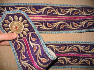 Antique Uzbek Bukhara collar, late 19th, dress decoration, gold embroidered on velvet, IKAT. Size is 45" - 4", 113 - 10 cm.           