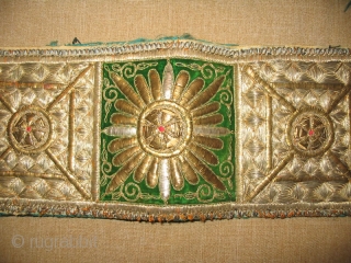 Antique Rare Uzbek Bukhara Wedding Headband, gold embroidery on green silk velvet and red cotton foundation, early 20th, in excellent condition, size is 22x5 inches.        