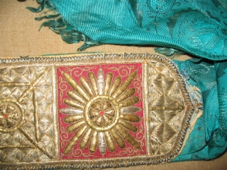 Antique Rare Uzbek Bukhara Wedding Headband, gold embroidery on green silk velvet and red cotton foundation, early 20th, in excellent condition, size is 22x5 inches.        