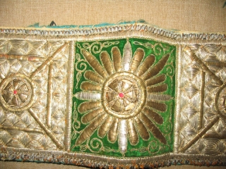 Antique Rare Uzbek Bukhara Wedding Headband, gold embroidery on green silk velvet and red cotton foundation, early 20th, in excellent condition, size is 22x5 inches.        