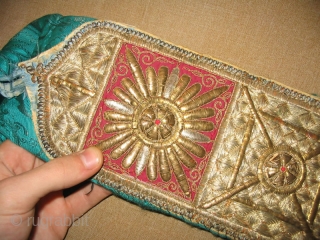 Antique Rare Uzbek Bukhara Wedding Headband, gold embroidery on green silk velvet and red cotton foundation, early 20th, in excellent condition, size is 22x5 inches.        