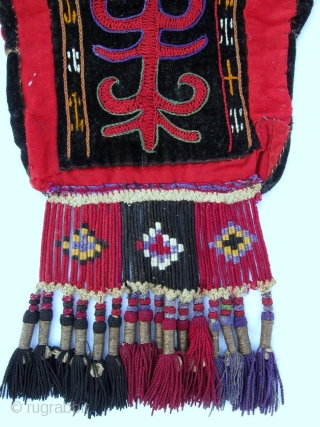 Antique Kirghiz nomads tent decoration, Central Asia, silk embroidered on black velvet foundation, have a very fine fringe, circa 1900. Size is 22x13 inches, 55 x 33 cm with fringe.   