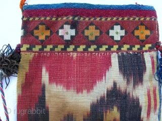  Rare antique Uzbek money bag, IKAT, cross-stitched embroidery is VERY thin, late 19th, in good condition. Size is 7" x 5.5", 17 x 13 cm.       