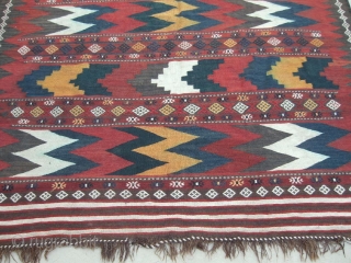 This pictured piece, a uzbek tadjik kilim, is an interesting example of early 20th century Central Asian kelim work. The colour palette is pleasing. Size is 285-190 cm, 9'6" x 6'4". In  ...