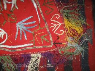 Uzbek nomads Lakai Horse cover, very fine embroidery on red felt with original fringe, late 19th, in very good condition, the embroidery in some places was restored. Size is 170 - 135  ...