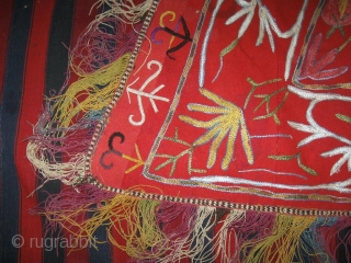 Uzbek nomads Lakai Horse cover, very fine embroidery on red felt with original fringe, late 19th, in very good condition, the embroidery in some places was restored. Size is 170 - 135  ...