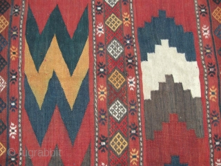 This pictured piece, a uzbek tadjik kilim, is an interesting example of early 20th century Central Asian kelim work. The colour palette is pleasing. Size is 285-190 cm, 9'6" x 6'4". In  ...