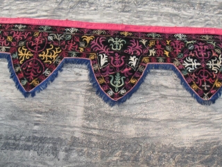 Antique Kirghiz nomads large wedding tent decoration, Central Asia, silk embroidered on black silk velvet, have nice colors. Circa 1900. In excellent condition. The fringe not so old, was added after. Size  ...