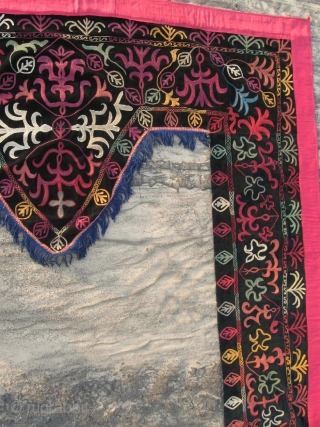 Antique Kirghiz nomads large wedding tent decoration, Central Asia, silk embroidered on black silk velvet, have nice colors. Circa 1900. In excellent condition. The fringe not so old, was added after. Size  ...