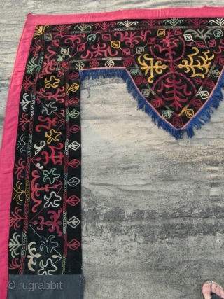 Antique Kirghiz nomads large wedding tent decoration, Central Asia, silk embroidered on black silk velvet, have nice colors. Circa 1900. In excellent condition. The fringe not so old, was added after. Size  ...