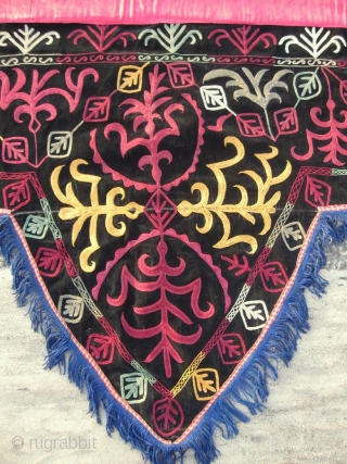 Antique Kirghiz nomads large wedding tent decoration, Central Asia, silk embroidered on black silk velvet, have nice colors. Circa 1900. In excellent condition. The fringe not so old, was added after. Size  ...