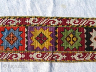 Antique Uzbek nomads Lakai head dress decoration, cross stitched silk embroidery, large size is 55x12 cm, 22x5 inches.               
