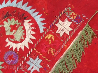 Antique rare Uzbek nomads Lakai embroidered piece, late 19th. Silk, wool embroidery on red VERY fine kilim, all dyes is natural. In good condition, have damaged places, see photos. Size is 200-190  ...