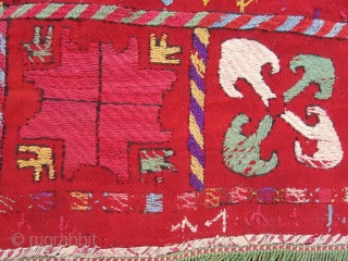 Antique rare Uzbek nomads Lakai embroidered piece, late 19th. Silk, wool embroidery on red VERY fine kilim, all dyes is natural. In good condition, have damaged places, see photos. Size is 200-190  ...