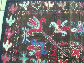 An Uzbek Kungrat or Lakai silk/wool embroidered on wool Ilgitsh hanging, dating between 1880-1900. Size is 62-52 cm, 25-21 inches. Beautiful design and rich colours, natural dyes.      