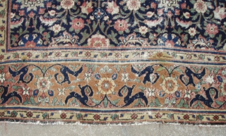 Antique Khorassan kelleh / long carpet. Beautiful colors and very soft good wool. Early 19th century, possible earlier. Some jufti knotting.

Fair to poor condition. Good pile around most edges and borders with  ...