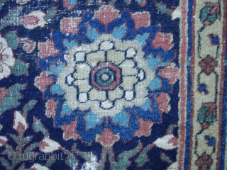 Antique Khorassan kelleh / long carpet. Beautiful colors and very soft good wool. Early 19th century, possible earlier. Some jufti knotting.

Fair to poor condition. Good pile around most edges and borders with  ...