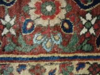 Antique Khorassan kelleh / long carpet. Beautiful colors and very soft good wool. Early 19th century, possible earlier. Some jufti knotting.

Fair to poor condition. Good pile around most edges and borders with  ...