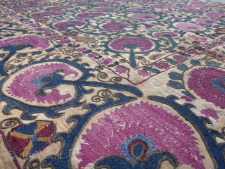 Beautiful antique Uzbek Suzani from the Ura Tube region, which is now in Tajikistan. Silk embroidery on a hand woven linen base cloth, which has darkened from age where exposed. Late 19th  ...