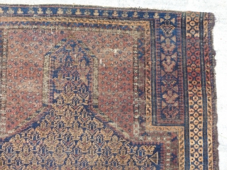 Antique early Dokter-e-Qazi / Dokhtar-i-Gazi (Many spellings seem to exist.) prayer rug. Early example with small amount of white and yellow accents. Probably not a rug for the floor, but to hang.  ...