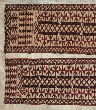 Two Antique Fragments of a Turkmen / Turkoman Tentband - Tribe?

Two fragments of a large Turkmen tentband. Circa 1900 +/-. Beautiful colors including some aubergine. Wool with white cotton knots. I will  ...