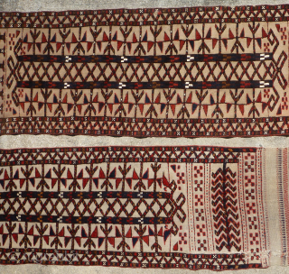 Two Antique Fragments of a Turkmen / Turkoman Tentband - Tribe?

Two fragments of a large Turkmen tentband. Circa 1900 +/-. Beautiful colors including some aubergine. Wool with white cotton knots. I will  ...