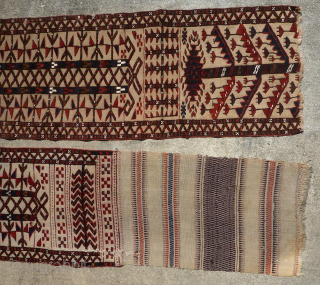 Two Antique Fragments of a Turkmen / Turkoman Tentband - Tribe?

Two fragments of a large Turkmen tentband. Circa 1900 +/-. Beautiful colors including some aubergine. Wool with white cotton knots. I will  ...