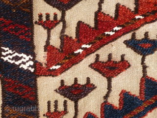 Two Antique Fragments of a Turkmen / Turkoman Tentband - Tribe?

Two fragments of a large Turkmen tentband. Circa 1900 +/-. Beautiful colors including some aubergine. Wool with white cotton knots. I will  ...