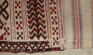 Two Antique Fragments of a Turkmen / Turkoman Tentband - Tribe?

Two fragments of a large Turkmen tentband. Circa 1900 +/-. Beautiful colors including some aubergine. Wool with white cotton knots. I will  ...