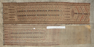Two Antique Fragments of a Turkmen / Turkoman Tentband - Tribe?

Two fragments of a large Turkmen tentband. Circa 1900 +/-. Beautiful colors including some aubergine. Wool with white cotton knots. I will  ...