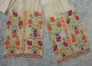 Antique, late 19th to very early 20th century, Ottoman Turkish embroidered sash textile. Natural linen based with embroidery of blue, salmon, orange, purple, magenta and green silk floss with gold-colored flat metal  ...