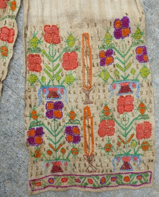 Antique, late 19th to very early 20th century, Ottoman Turkish embroidered sash textile. Natural linen based with embroidery of blue, salmon, orange, purple, magenta and green silk floss with gold-colored flat metal  ...