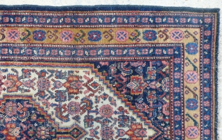 Antique late 19th century Senneh / Senna Persian mat / small rug. Beautiful intense colors including a yellow background border. Border has a muted yellow background Finely woven with an average knot  ...